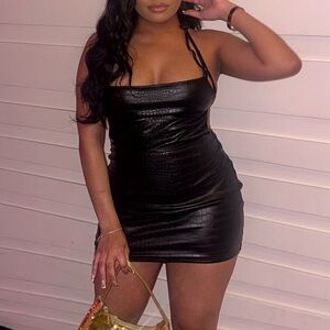 Black leather mini dress